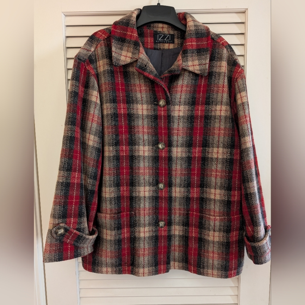 Vintage Izzi Retro/Oversized Swing Style Wool Plaid Coat. Red Black Cream. L 14
